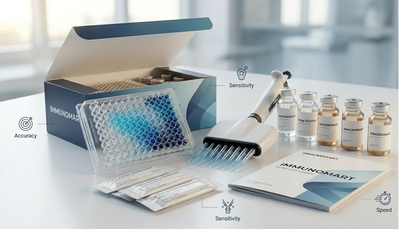 Immunomart ELISA kit boxes with multiple 96-well microplates showing colorimetric assay results on laboratory bench