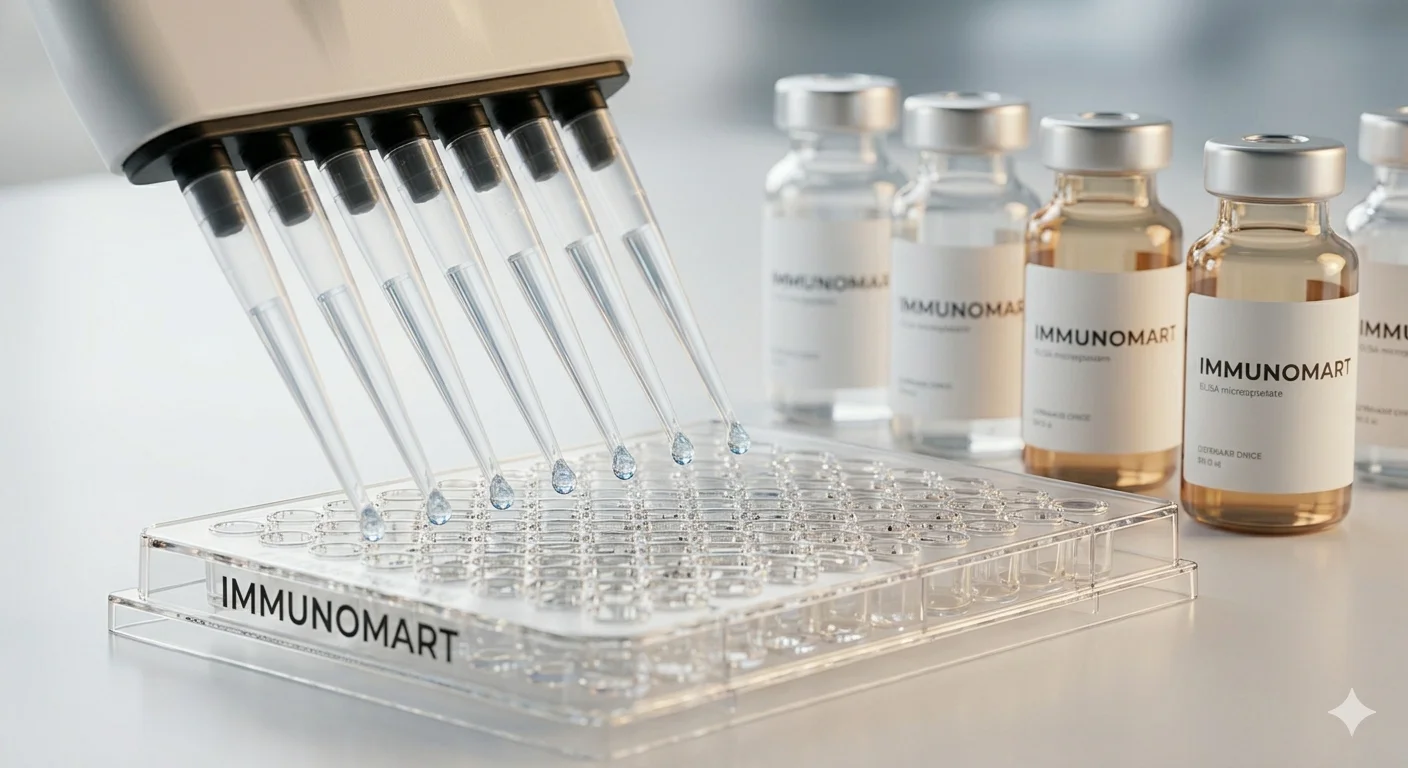 Multichannel pipette dispensing reagents into Immunomart ELISA microplate with reagent vials