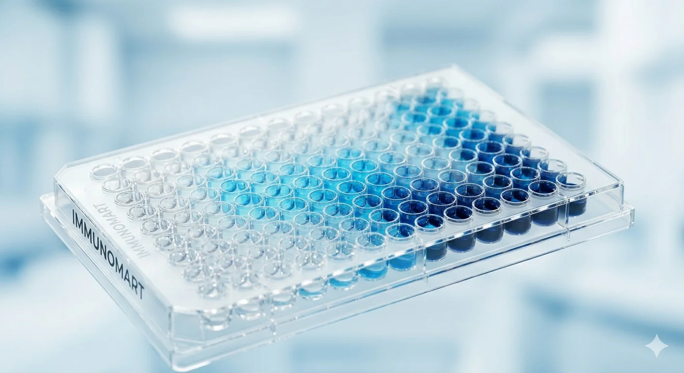 Immunomart 96-well ELISA microplate showing vibrant blue colorimetric reaction gradient from light to dark